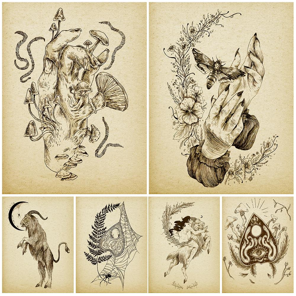 

Коза-ведьма, гадальная карта, кладбище черной кошки, винтажный настенный художественный холст с принтом, черный волшебный ручной художественный постер