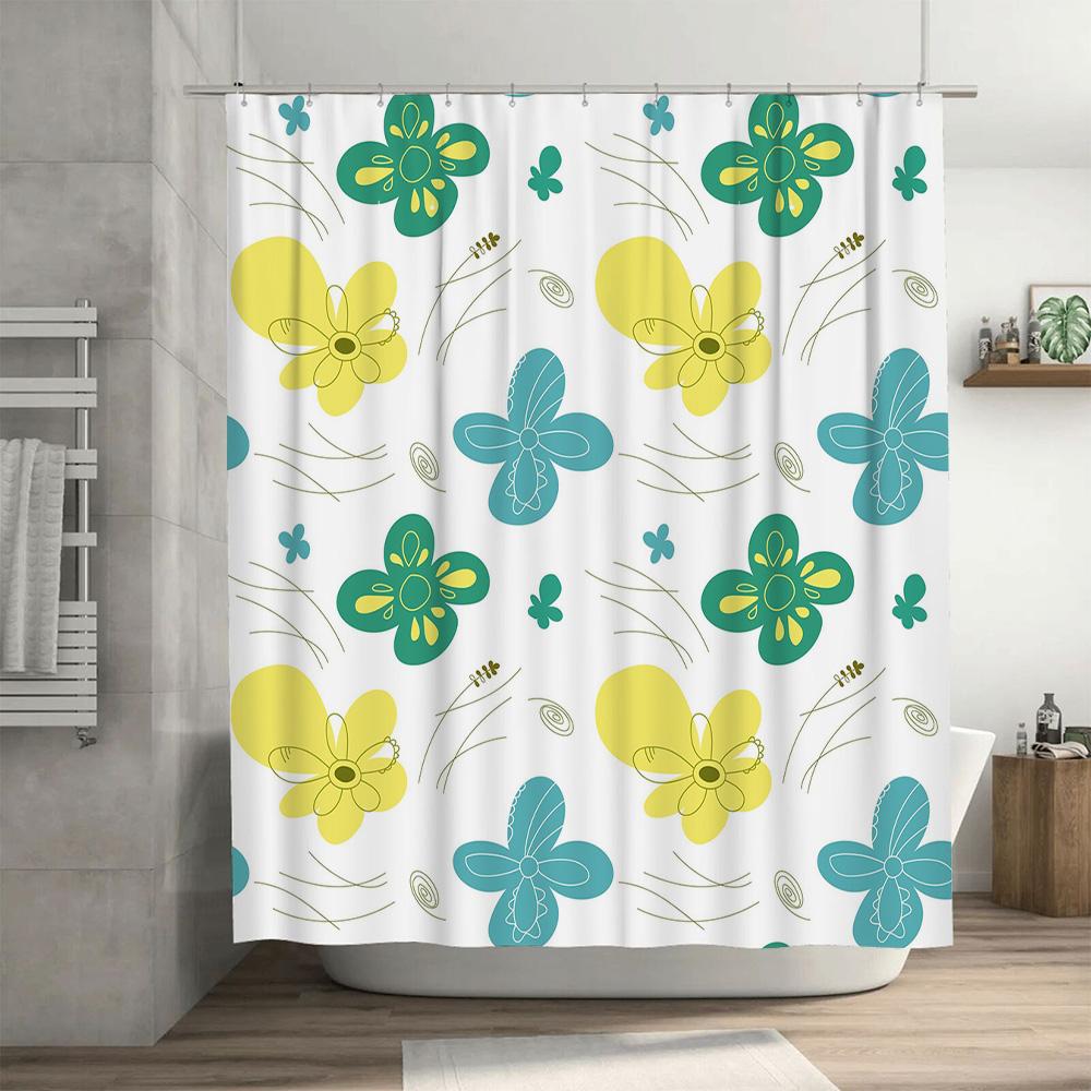 Yellow Butterfly Blue Flower Printed Shower Curtain Waterproof Bathroom Decor Shower Curtains for Home Decoration