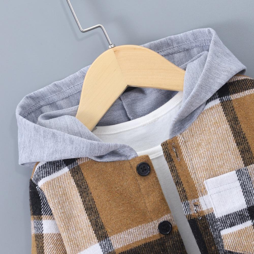 Kids Clothes Autumn/Winter Boys' Long-Sleeved Checkered Contrast-Colour Hooded Two-Piece Set (Top + Trousers)
