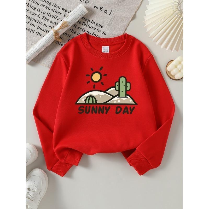 European Sizes Girls' Long-Sleeve Round Neck Sweatshirt "Sunny Day Cactus" Print, Spring/Autumn, Casual, Daily & Sports.