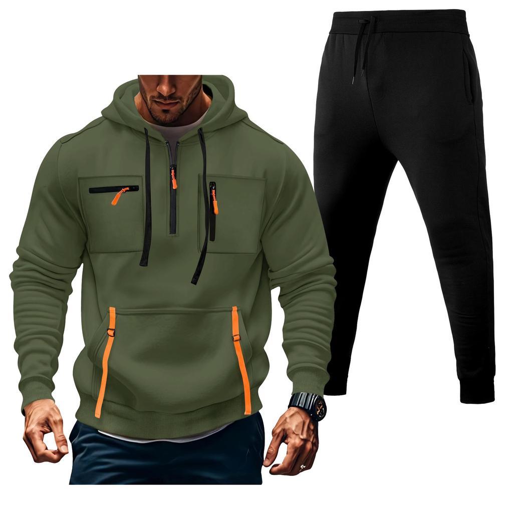 Men's Multi-Zipper Hoodie Sweatshirt & Sweatpants Set with Pockets