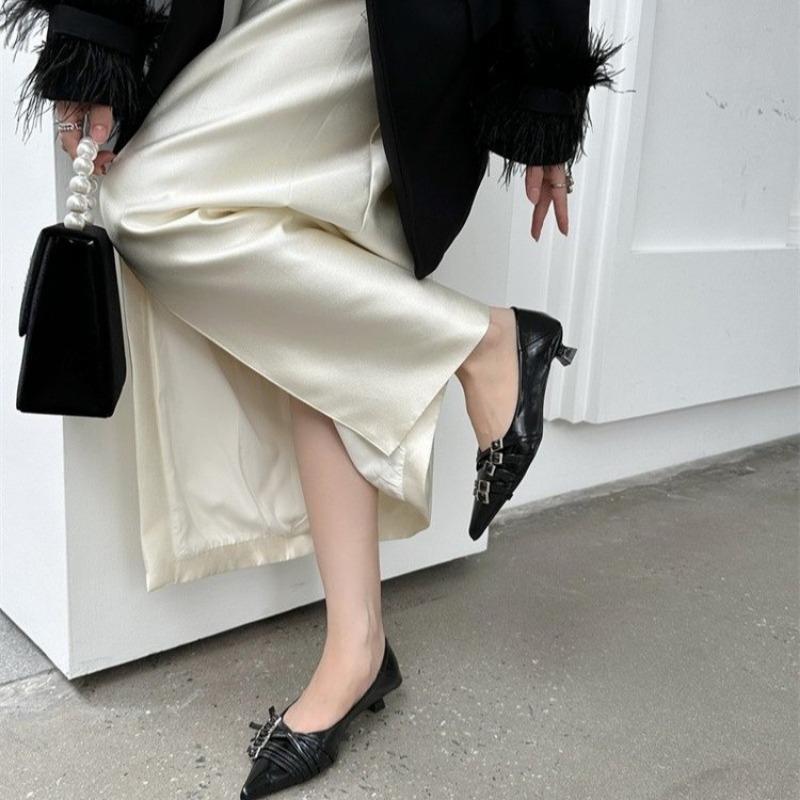 Fashion Women Shoes  Fashion Pointed Toe Low Heel Pumps Brand Belt Buckle Shallow Slip on Ballet Elegant Pumps for Party Dress