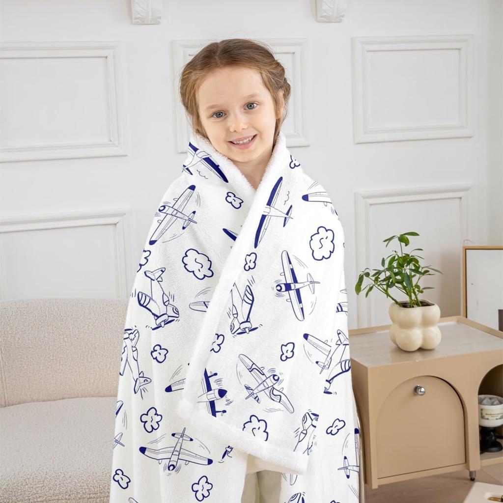 Airplane Pattern Blanket Soft Fleece Throw Kids Room Decor Aviation Theme Baby Gift Home Decoration