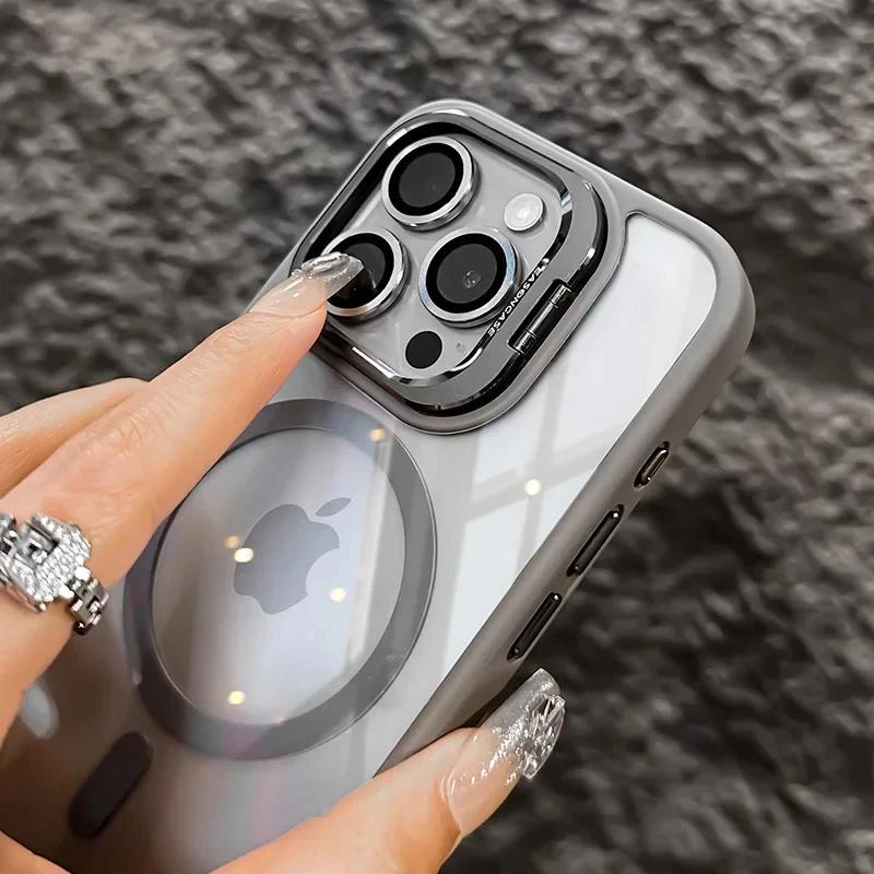 Magnetic Metal Ring Lens Stand Protector Case For iPhone 15 12 13 14 11 Pro Max Plus Magsafe with Color Glass Lens Clear Cover