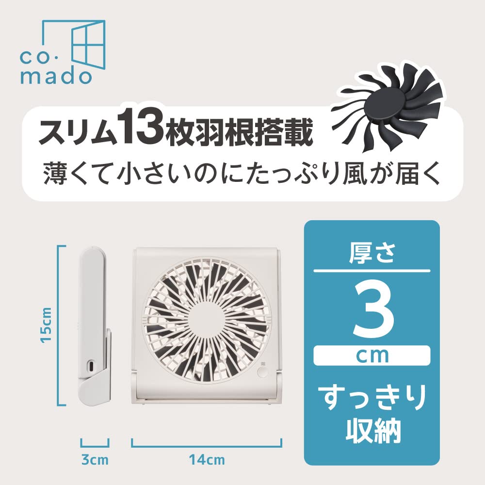 Doshisha Slim Compact Tabletop Fan Easy to 3 Power Sources 3 Speed Airflow Quiet 3cm Lite, Clean, (AC, USB, Mobile), Settings, Up/Down Adjustment,