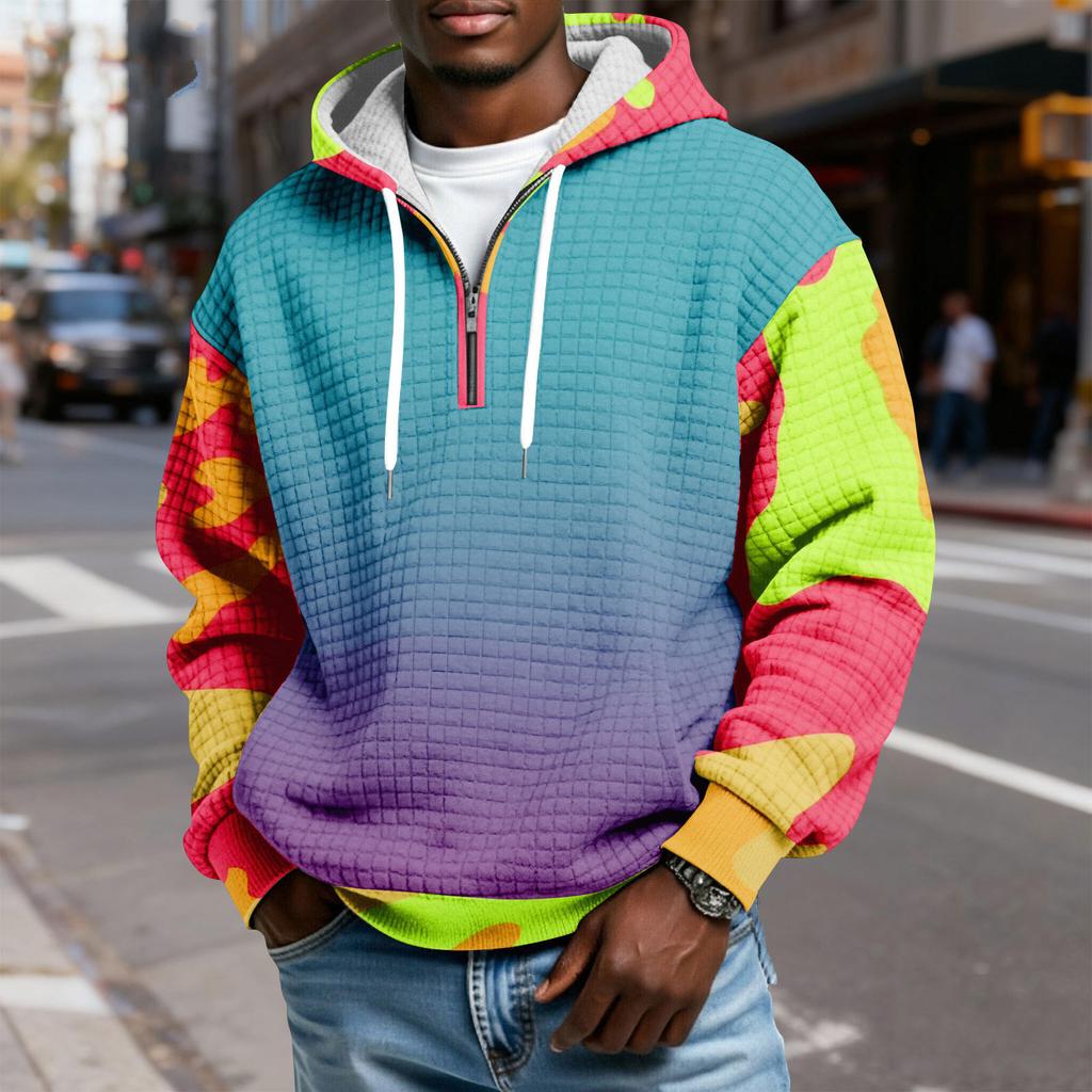 Sudadera Deportiva Casual para Hombre con Capucha y Media Cremallera a Cuadros con Cordón y Estampado