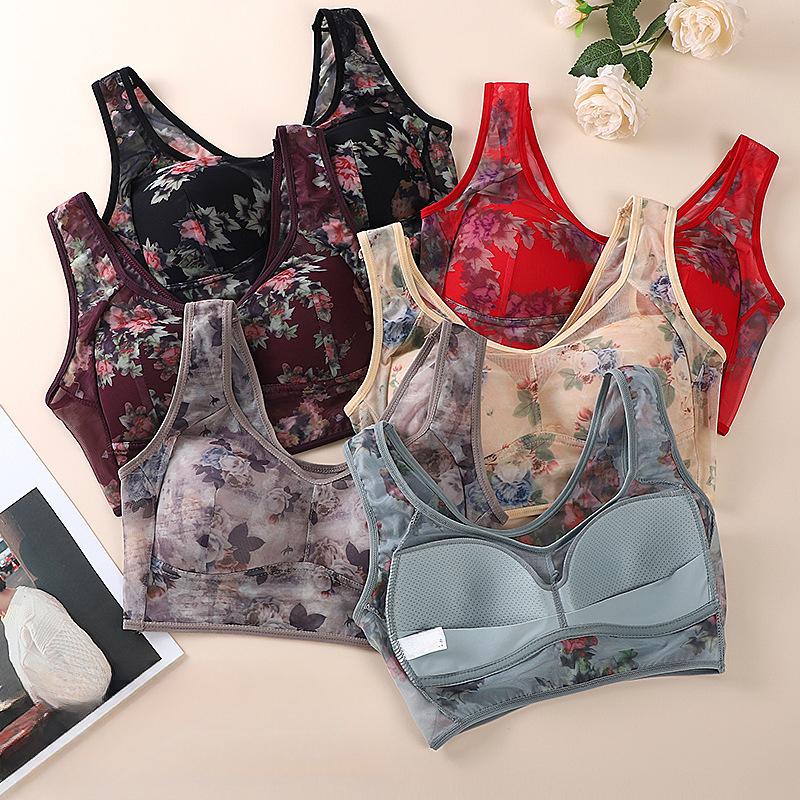 Middle-aged and Elderly Large Size Bra Gathered Comfortable Mesh Back One-piece Fixed Cup Without Steel Ring Underwear