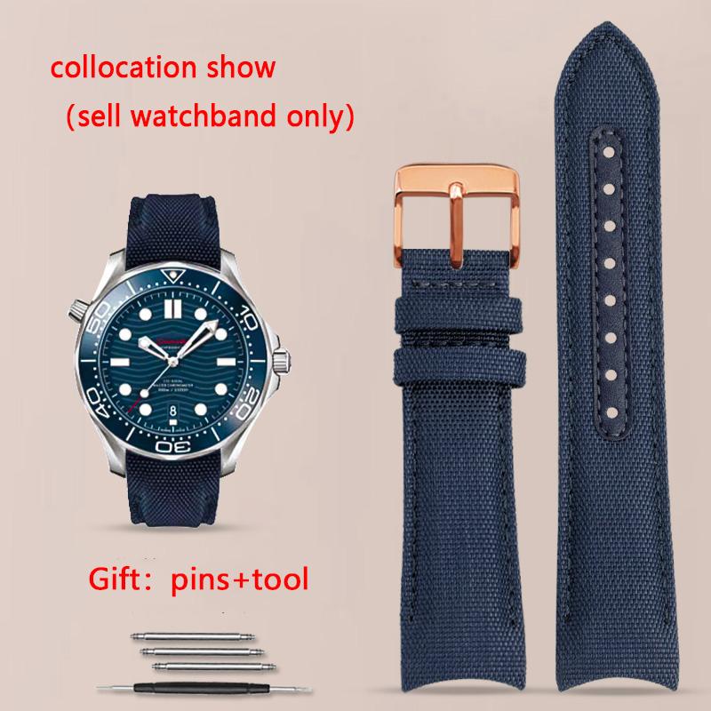 Curved End Watchband for Omega Seamaster 300 Watchband Nylon Canvas Wrist Bracelet for Seiko Rolex Water Ghost Straps 20mm 22mm