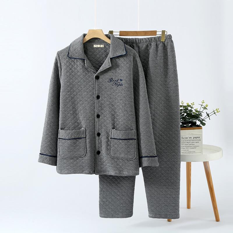 Men's Embroidered Quilted Pajamas - Three-Layer Air Cotton, Long-Sleeved, Warm, Autumn/Winter Wear