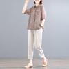 Korean Style Cotton Linen Plus Size Retro Print Two-Piece Set - Women's Casual Summer Suit