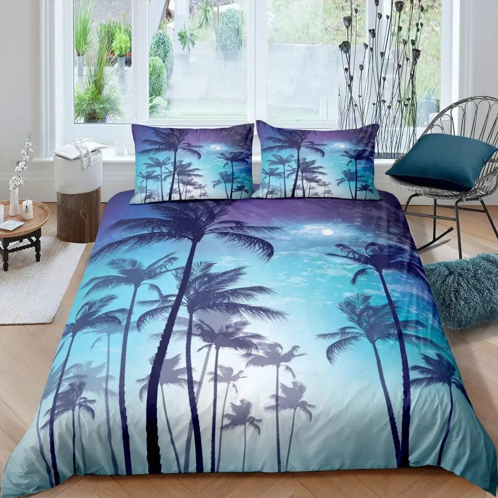 Comforter Tropical Coconut Tree King Queen Surfboard Palm Leaf Bedding Set Summer Ocean Polyester Comforter