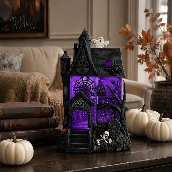 Indoor Haunted Home Accessory Gothic Resin Glitter Village Decoration, Halloween House Figurine with Purple Desktop Ornament Pumpkins Skulls Windows,