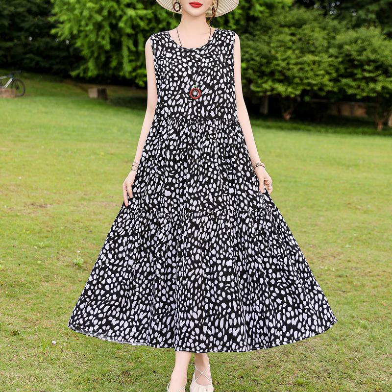 Elegant Sleeveless Dress for Women Plus Size Loose Vintage Print Long Dress Summer Middle-aged Women's Clothing