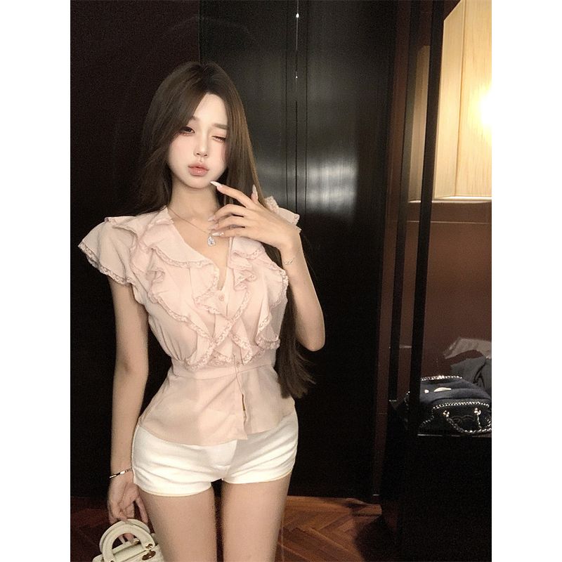 

Kumikumi Pure Desire Style French Style Lace Ruffles Chiffon Shirt Female Fall Slim Fit Slim Looking Elegant Versatile Top Pink L