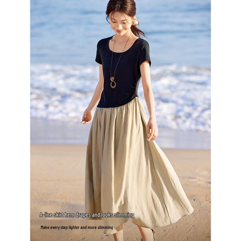 Women's Summer A-line Color Block Midi Dress