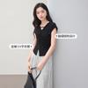 Pinch pleat waist cinching V-neck small fly sleeve short sleeved T-shirt