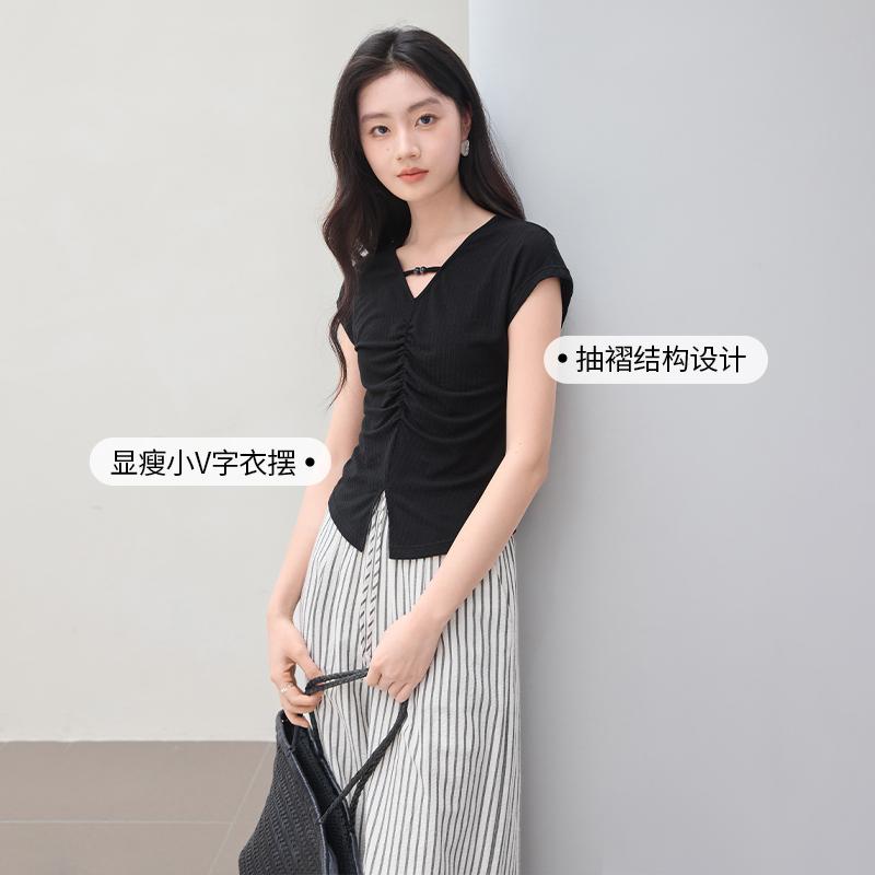 Pinch pleat waist cinching V-neck small fly sleeve short sleeved T-shirt