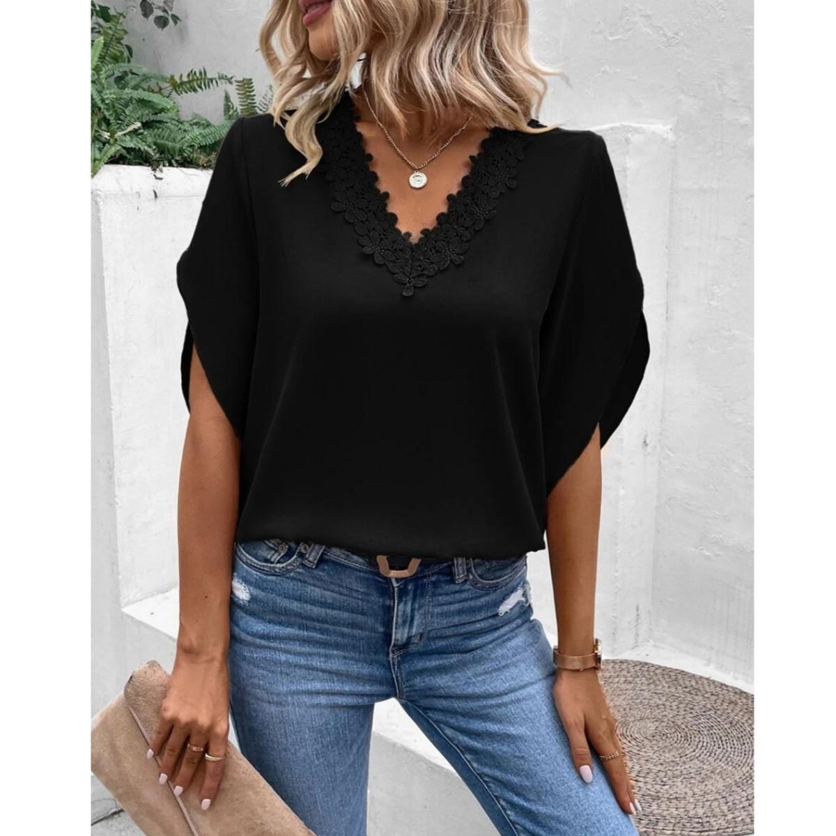 

Женская шифоновая блузка, повседневные свободные топы, женская блузка с кружевными рукавами XXL чёрный
