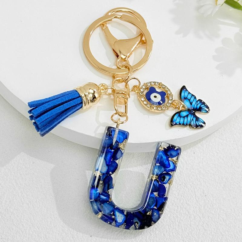 Fashion Blue Glazed Stone A To Z Letter Keychain 26 Initials Alphabet Butterfly Tassel Pendant Car Keyring Women Jewelry Gifts
