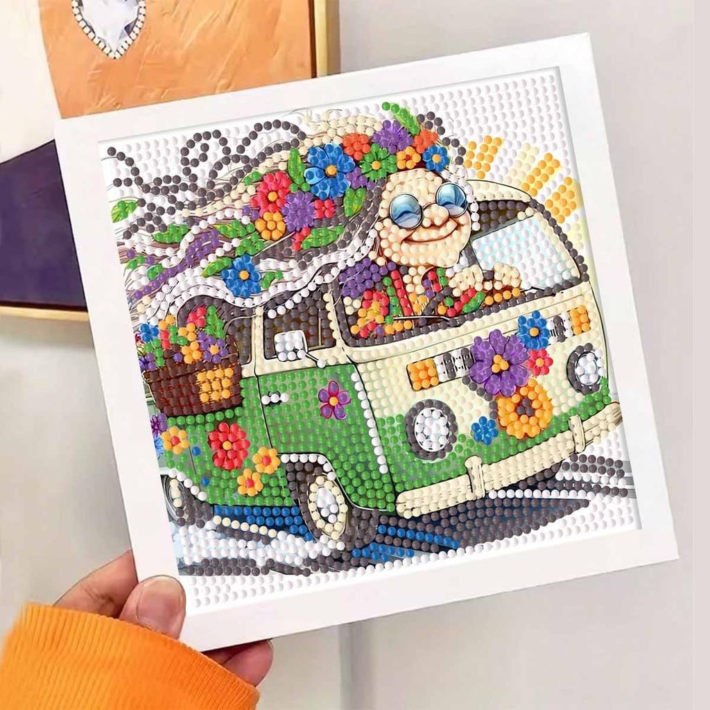 DIY Diamond Painting Kit with Frame,Bus Full Circle Mosaic 5D DIY Cross Stitch Kit Home Decoration with Frame, Handicraft Hobby Collection