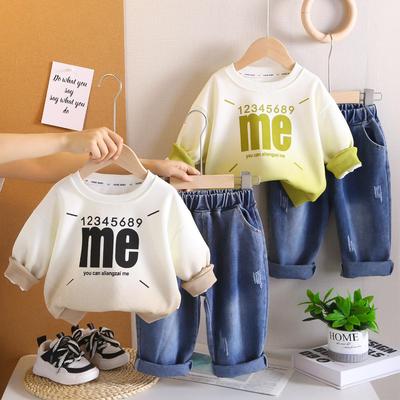 Jungen Langarm Zweiteiler - Rundhals Hoodie mit englischem Buchstabenaufdruck + Jeanshose - modische Kleidung