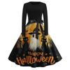 Women's Casual Halloween Print Dress Long Sleeve Round Neck Vintage Style Midi Dress with Waist Tie for Seasonal Festive Wear