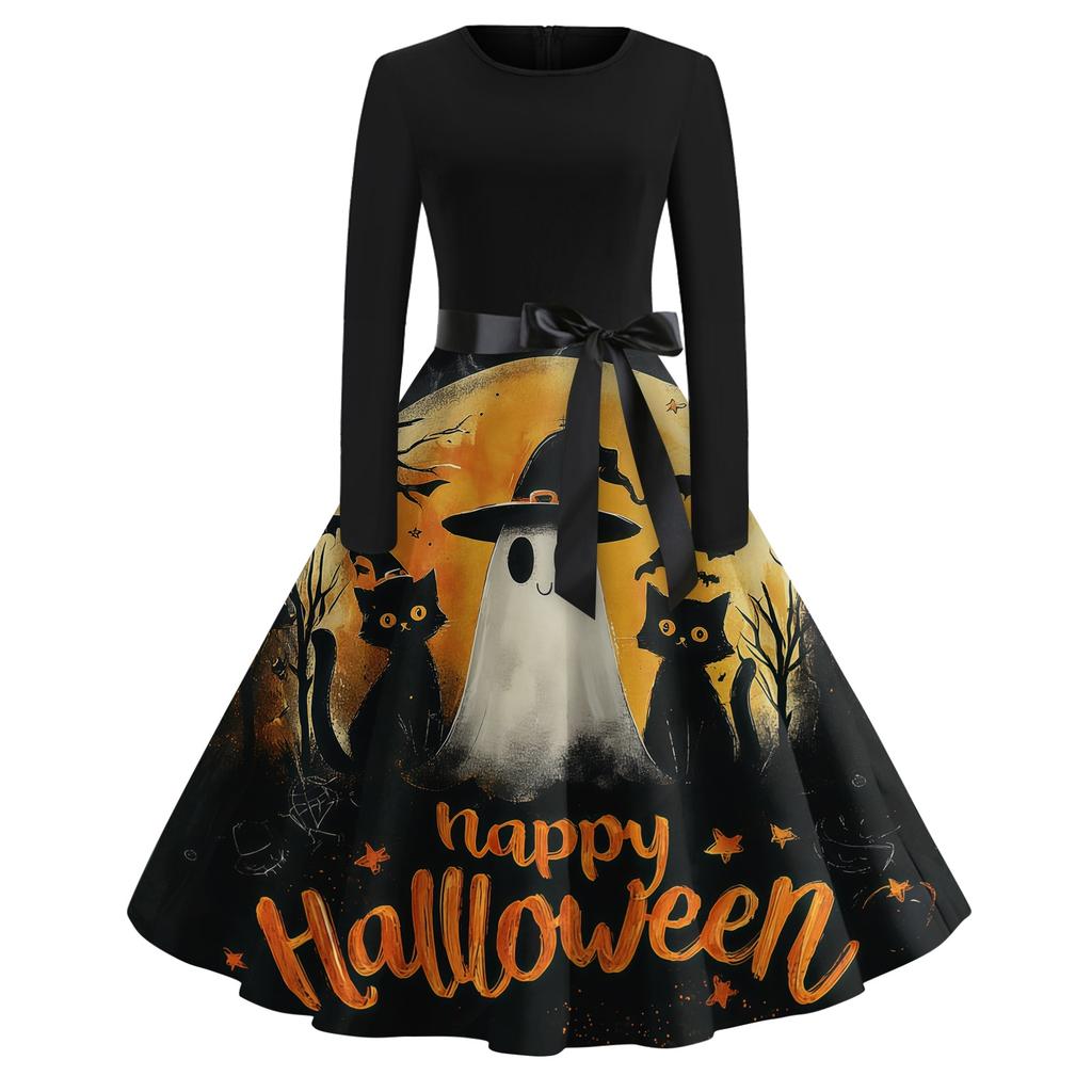 Women's Casual Halloween Print Dress Long Sleeve Round Neck Vintage Style Midi Dress with Waist Tie for Seasonal Festive Wear