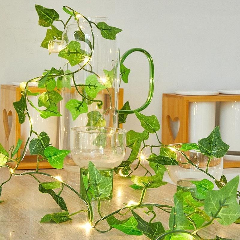 Solární břečťanové řetězové světýlka, umělá světla z révy vinné, girlanda, vílí řetězová světla, zelené listy z révy vinné, venkovní pro párty a zahradní dekoraci