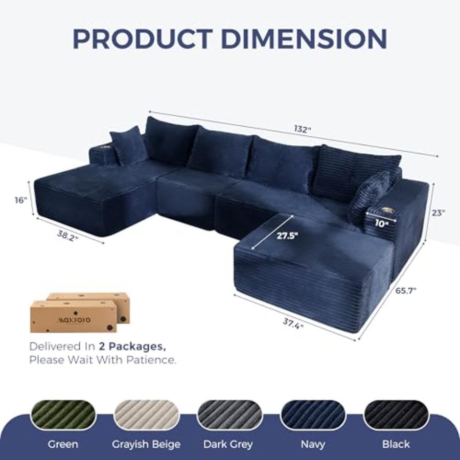 132 Giant U-Shaped Modular Sectional Couch Modern Boneless Couch for Living Room Sofa in A Box Oversized Sofa Sleeper with Deep
