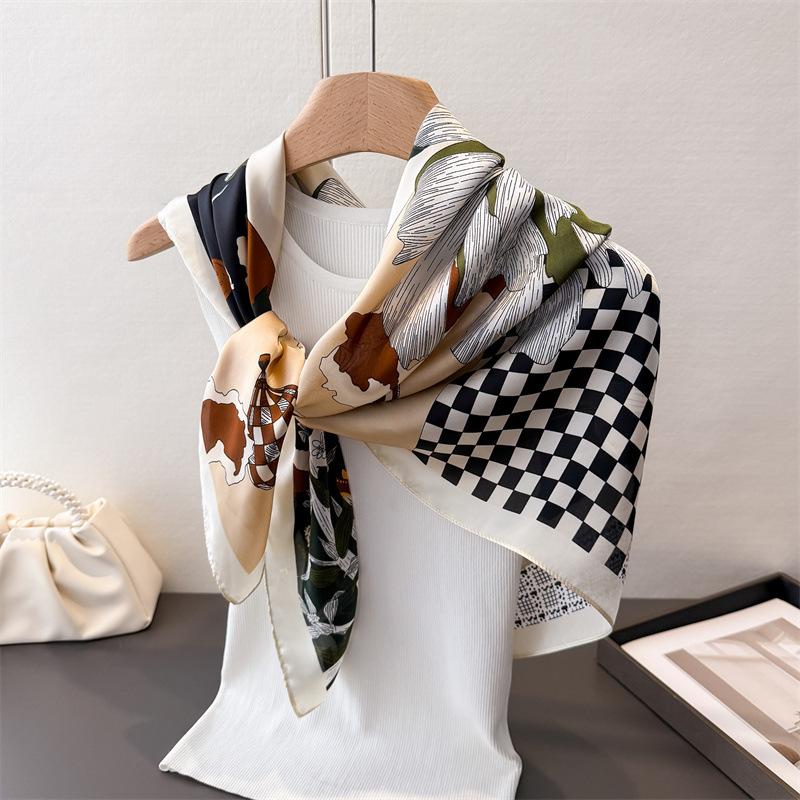 Contrasting Color Satin Imitation Silk Printing Large Square Scarf Silk Scarf Shawl Headscarf Neck Protection Scarf