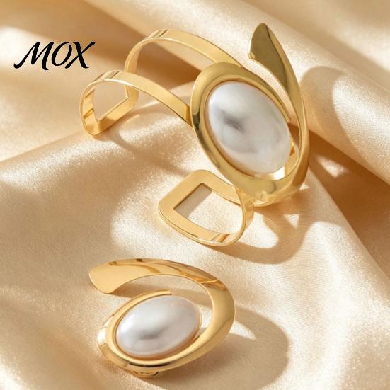 Adjustable Wrist Jewelry 2Pcs Faux Pearl Bangle And Ring Set, Geometric Open Bracelet & Ring, Minimalist Golden Plated Statement for Party Hollow