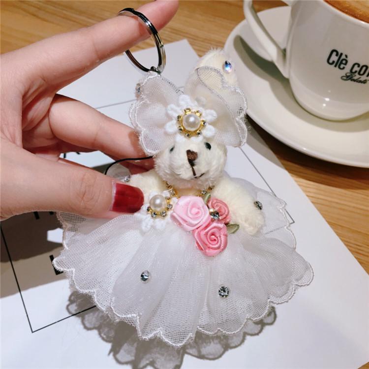 Charming Plush Rabbit Bear Keychain with Bow & Flower - Cute Bag Pendant In Wedding Dress Style