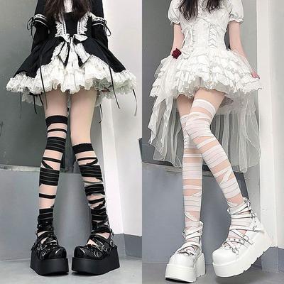 Y2K Girls Bandage Thigh High Stockings Ultra-Thin Nylon Long Socks Women Stockings Lolita Kawaii Cute Knee High Socks Stockings