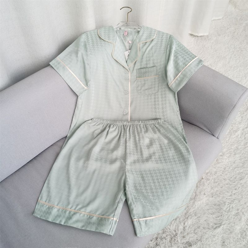 2023 Summer New Arrival Cool Short Sleeve Shorts Plaid Silk Jacquard Houndstooth Pajamas Pure Color Thin Two-Piece Suit