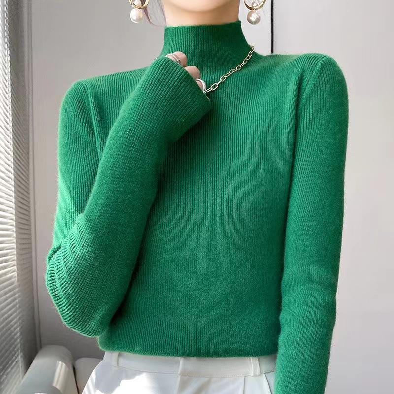 Autumn & Winter Slim-Fit Women's Ribbed Pullover Sweater - Half-High Collar, Casual & Versatile Fashion Base Layer