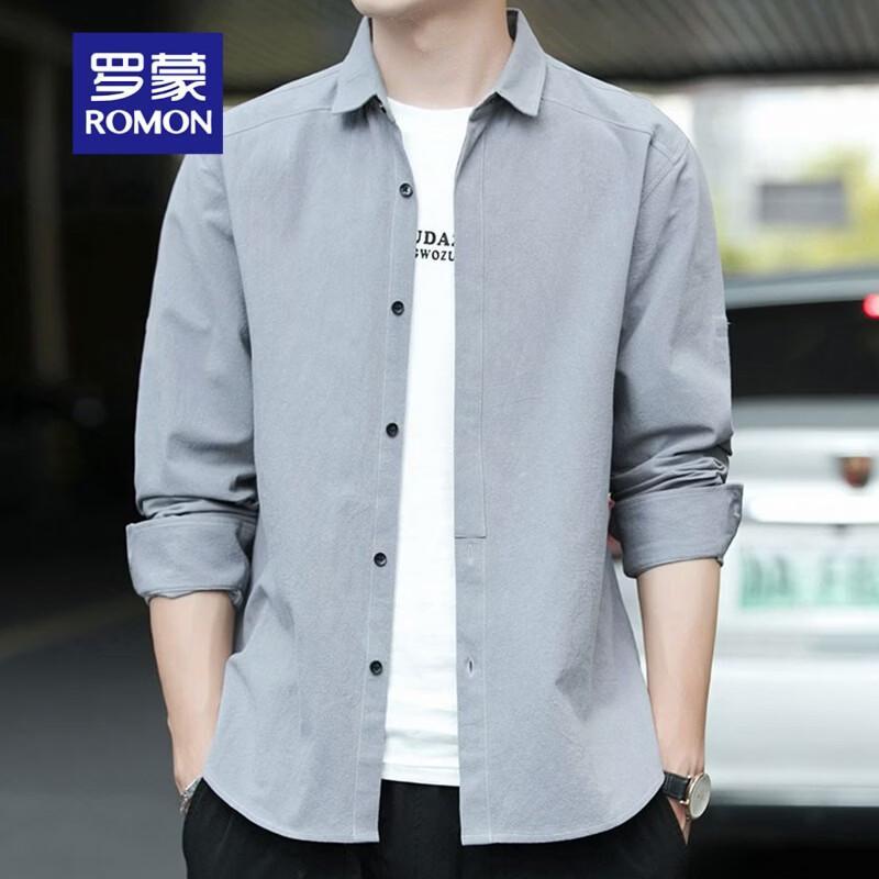 ROMON Men s Pure Cotton Solid Color Long Sleeve Shirt 2XL