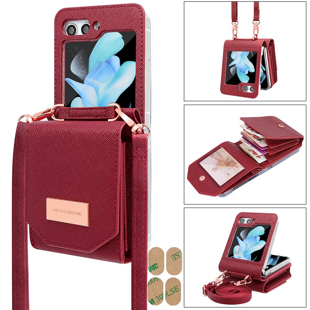

VIETAO Crossbody Strap Card Slots Wallet Phone Case Fit For Samsung Galaxy Z Flip 6 5 4 3 5g, Shoulder Strap Z Flip 7 Case,Black For Samsung Z Flip 6 темно-червоний колір