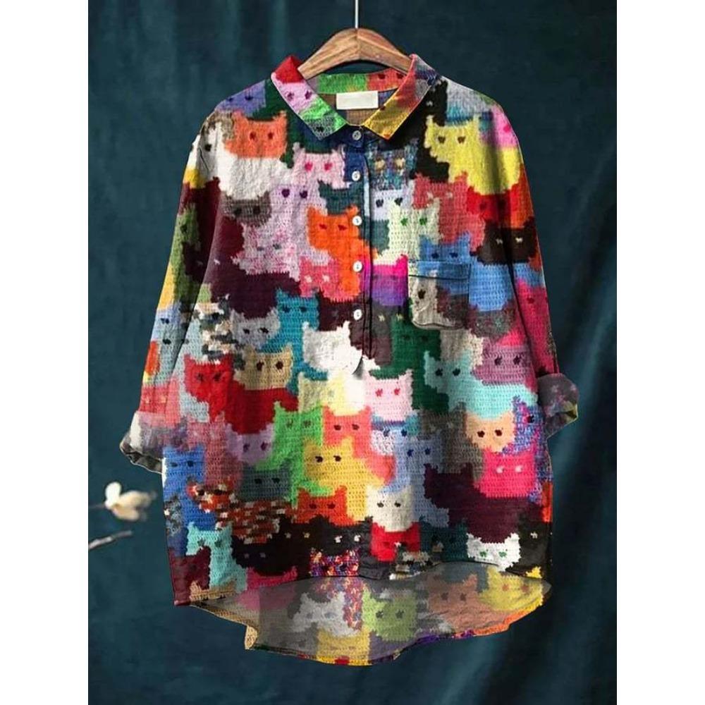 Damen Hemd mit Kragen, halber Knopfleiste, lockerem Schnitt, lässig, langen Ärmeln, aus Polyester