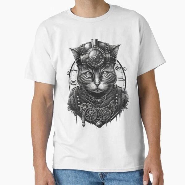 Steampunk Cat In Black And White Classic Tshirt Made In Usaaus Tshirt S2xl S