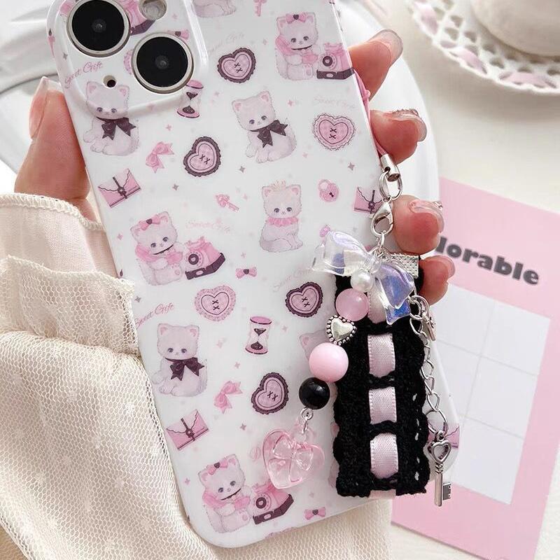 Dainty Lace Ribbon Keyring Cute Heart Pendant Keychain Colorful Beaded Phone Lanyard Multi-Functional Bags Hanging Accessories