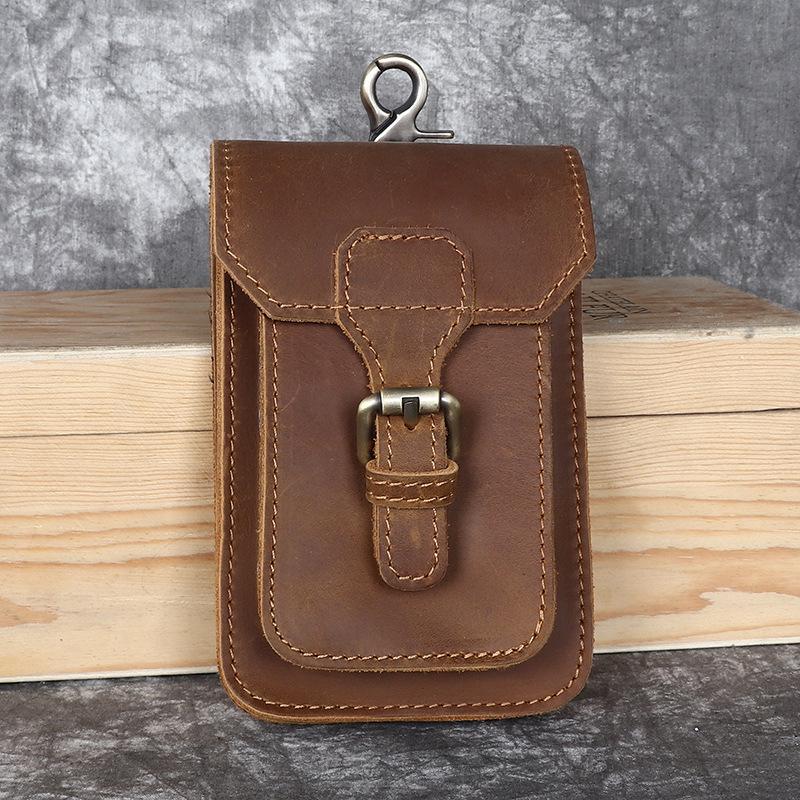 Men's Mobile Phone Bag, Crazy Horse Leather Waist Bag, Outdoor Sports Construction Site Top Layer, Yellow Cowhide Vertical Pants Waist Hanging Bag