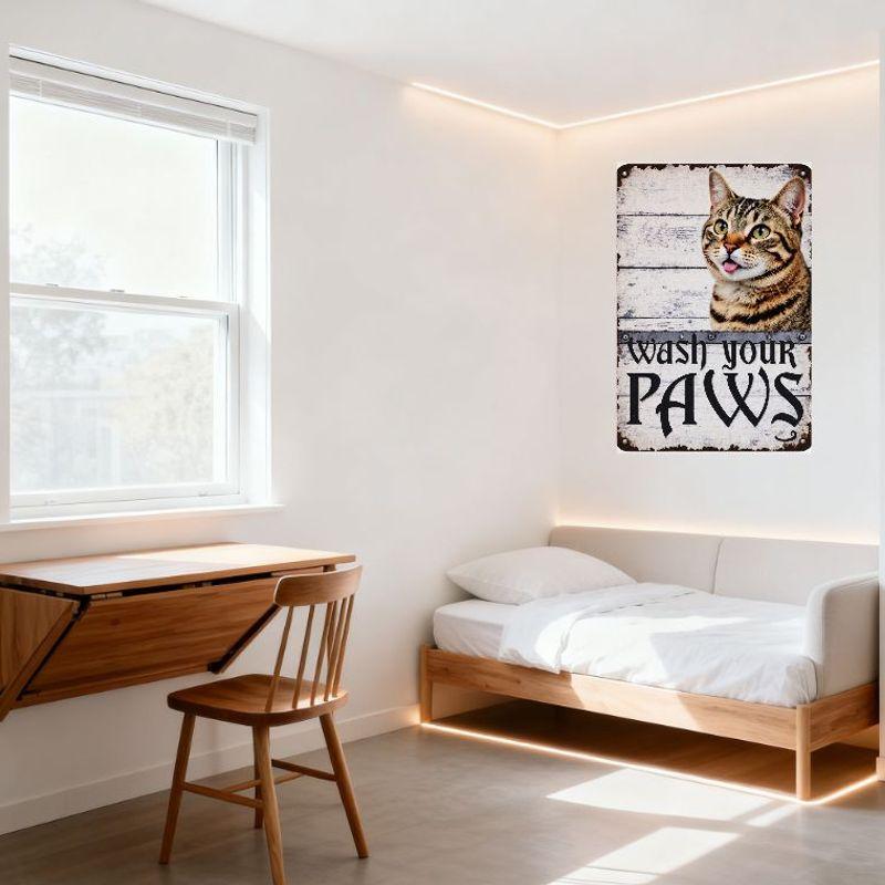 Rustic Metal Sign with Tabby Cat & 'Wash Your PAWS' Text – Weathered White Wooden Plank Background, Distressed Aged Look, Home/P