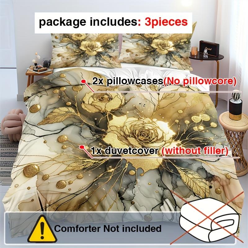 3pcs Marble Golden Rose Duvet Cover Set | Marbling Flower Print Quilt Cover with Pillowcases, Soft Comfortable Breathable Polyester Bedding 135cm*200cm