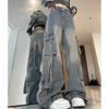 Female Jean Spliced Pockets Cargo Pants Washed Denim High Waist Full Length Jeans Loose Solid  Straight Pants