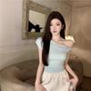 Summer's New Slim-fitting and Thin Sexy Hottie Top Irregular Slanted Shoulder Wrinkled Design Short-sleeved T-shirt Women