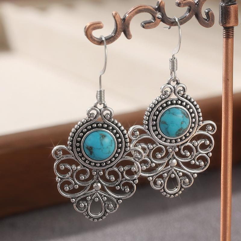 Vintage Copper Alloy Turquoise Earrings December birthstone Floral earrings Tribal earrings Gift Victorian-style earrings Bohemian style earrings