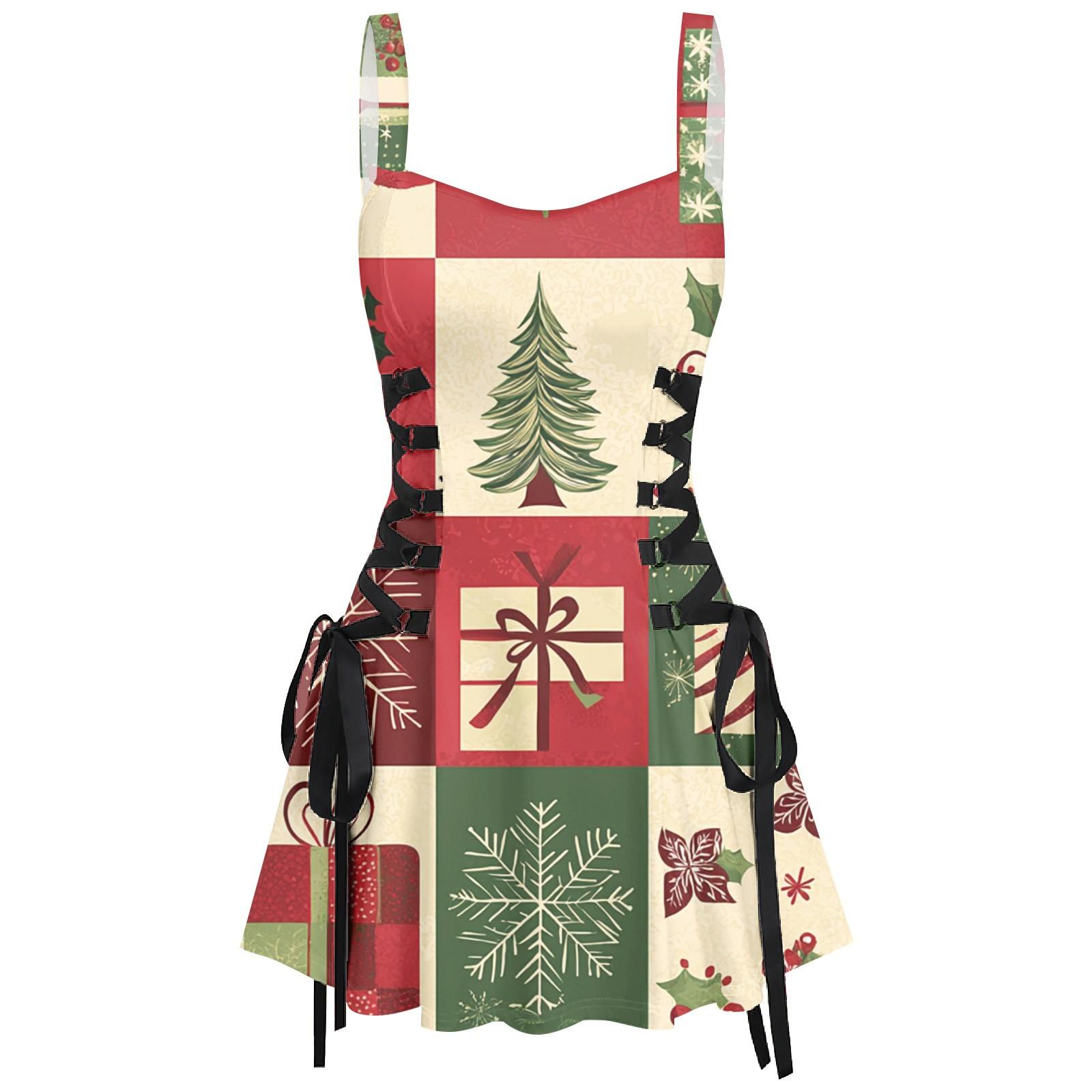 

Жіноча повсякденна мода з різдвяним принтом, сексуальна ремінець, коротка ретро-сукня, ретро-спідниця XXXL