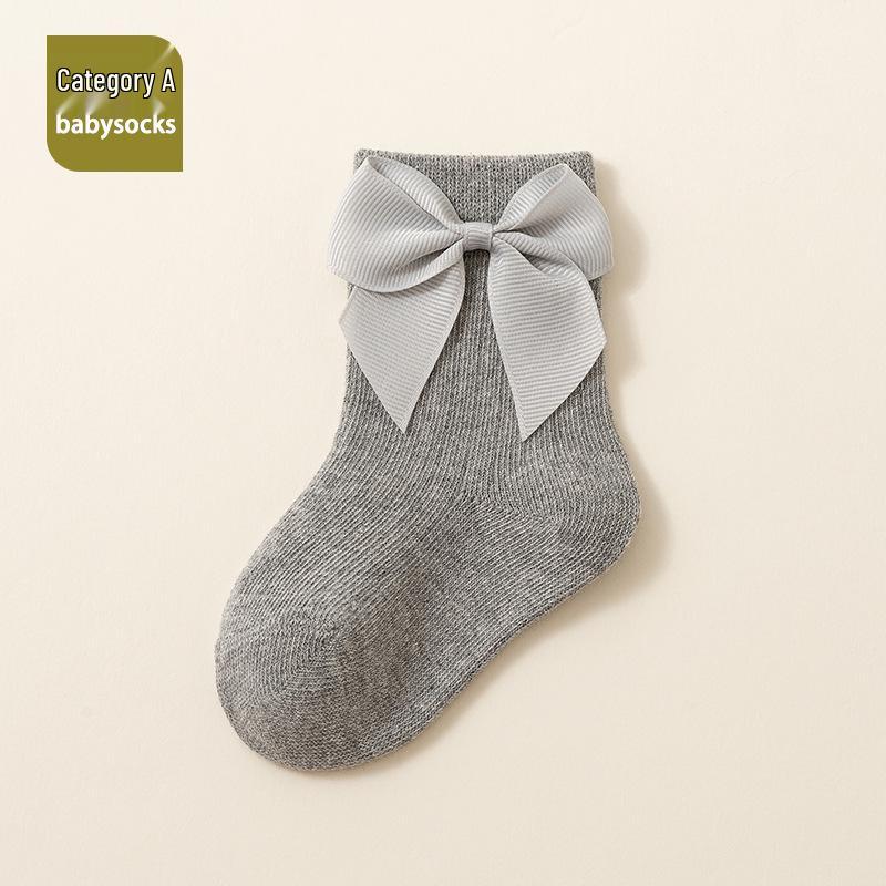 Korean Style Combed Cotton Baby Socks, Spring & Autumn, Bow Knot Design, Loose Cuff, Mid-Calf Length