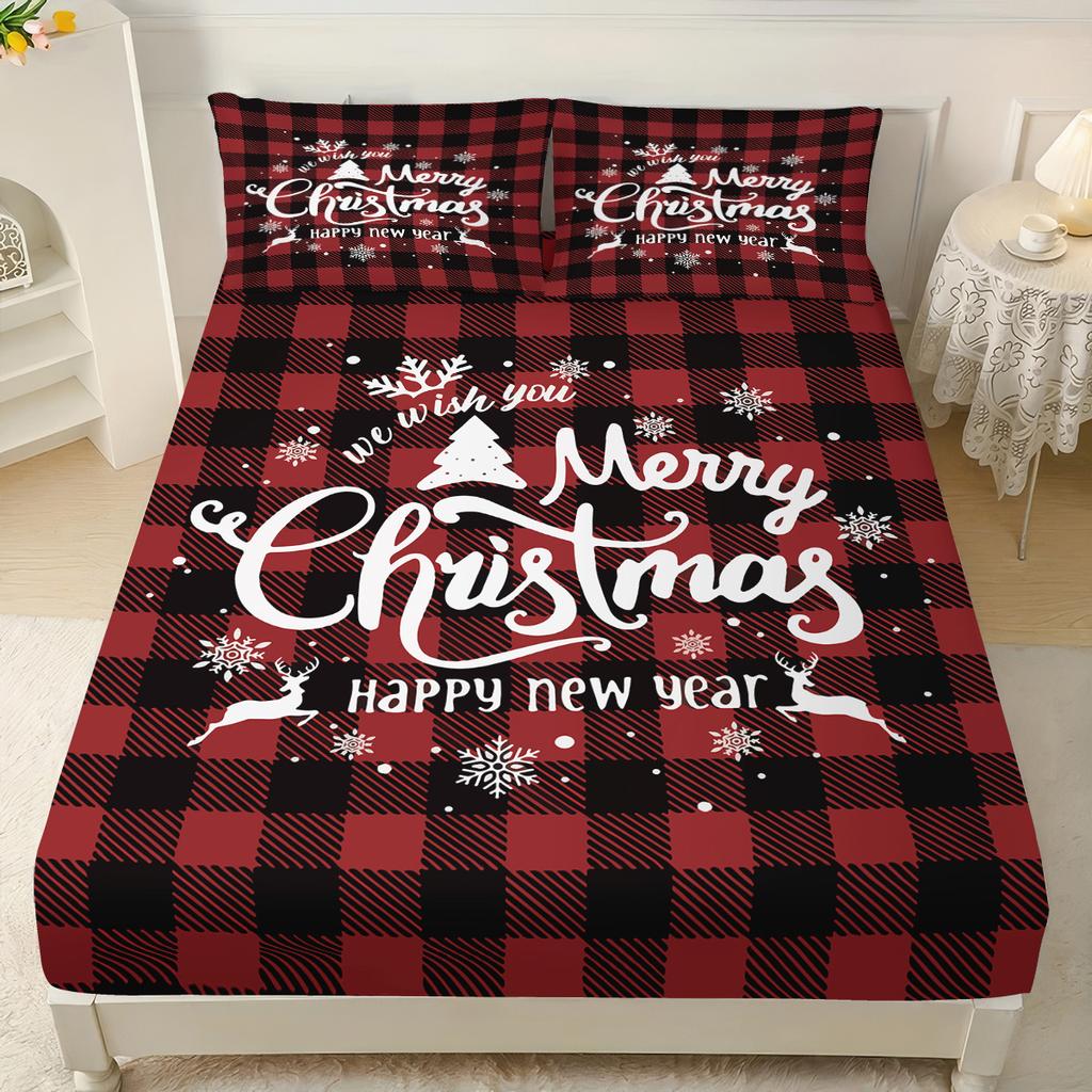 3pcs Plaid Contrasting Color Christmas Happy Print Coreless Bed Sheet Set Multiple Sizes Bed Covers Bedding Soft and Comfortable