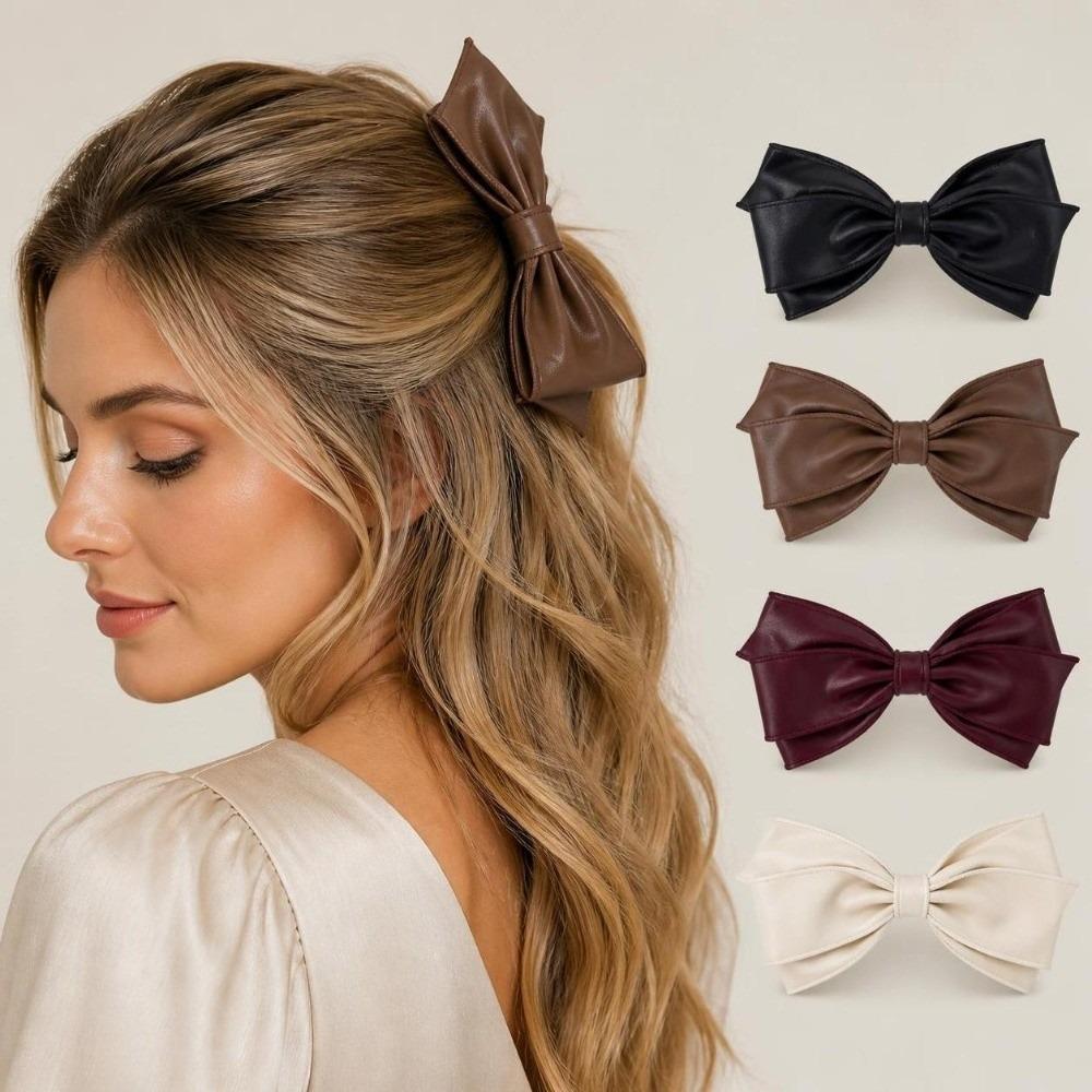 Soft Leather Bow Hair Clips Non-Slip Hair Accessories Elegant Ponytail Holder Women